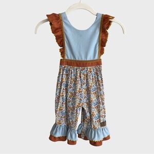 Busy Bee Smocks Honey Floral Ruffle Hem Romper Overalls Blue Rust Gold 18M